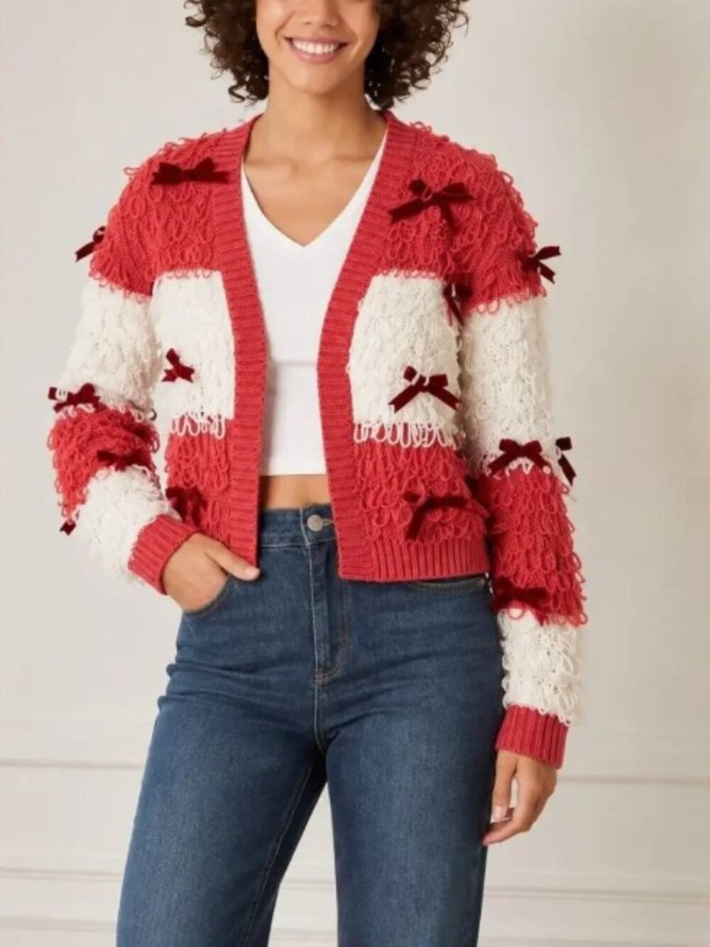 Mighty Fine Red White Loop Knit Cardigan Sweater Bow Accents Coquette M
